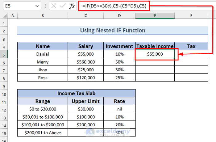 5. Use of Nested IF Function to Calculate Income Tax on Salary in Excel