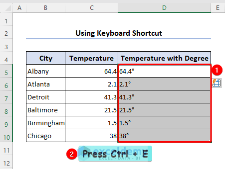 Use of Flash Fill to insert degree symbol for selected range