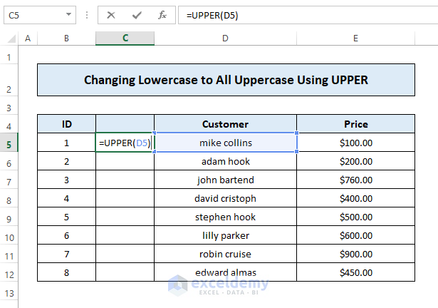 Convert Lowercase to Uppercase in Excel sheet