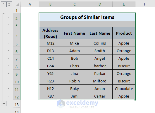 Row based group for similar items in excel