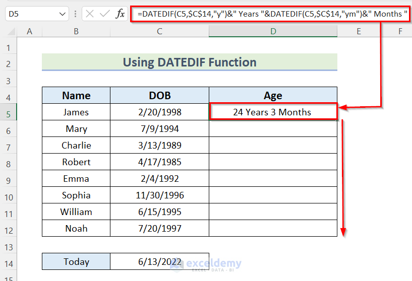 Using DATEDIF Function to Calculate Age in Years and Month in Excel