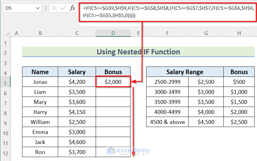 Using Nested IF Function to Calculate Bonus on Salary