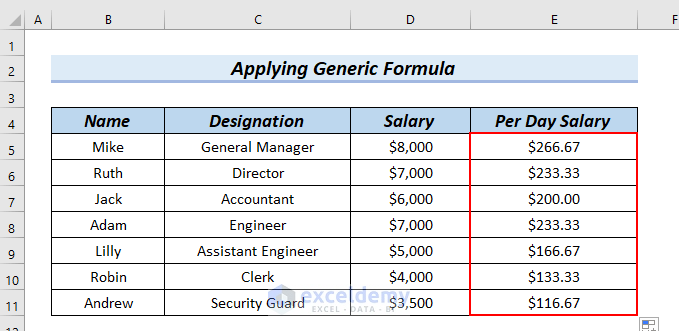 Per Day Salary Calculation Formula in Excel 