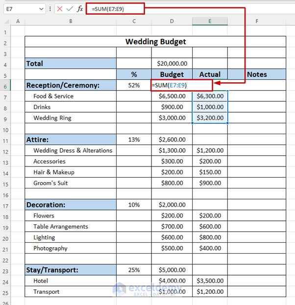 Manually Making a Wedding Budget in Excel