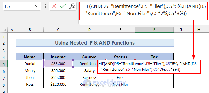 6. Use of Nested IF and AND Functions to Calculate Income Tax on Salary with Payment Type
