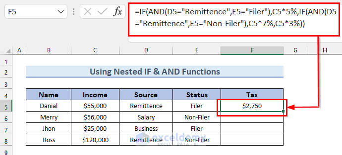 6. Use of Nested IF and AND Functions to Calculate Income Tax on Salary with Payment Type