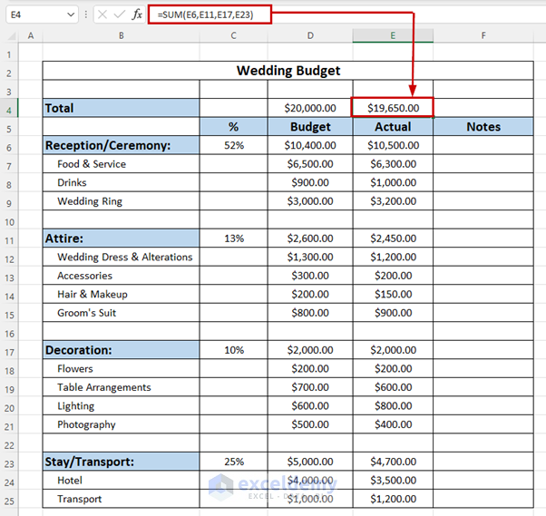 Manually Making a Wedding Budget in Excel