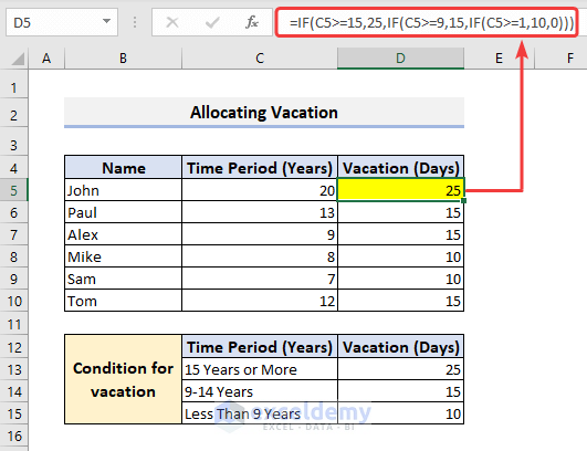 Allocating vacation with nested IF function
