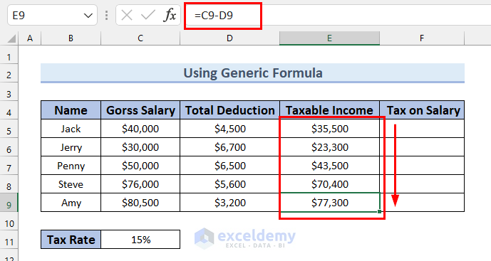 1. Using Generic Formula to Calculate Income Tax on Salary in Excel 