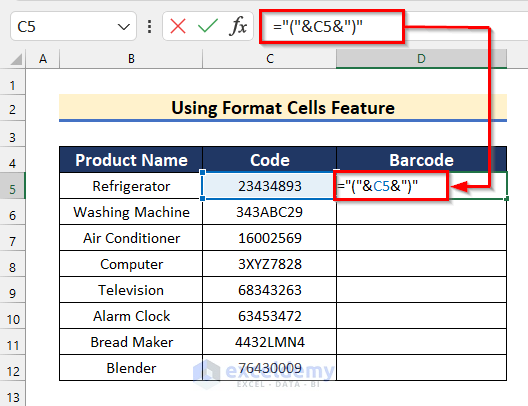 Using Ampersand Operator (&) to Insert Values for Barcode in Excel
