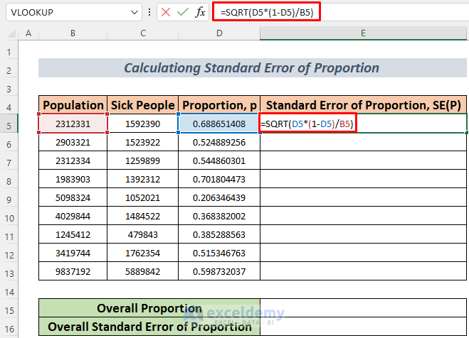 how to calculate standard error of proportion in excel