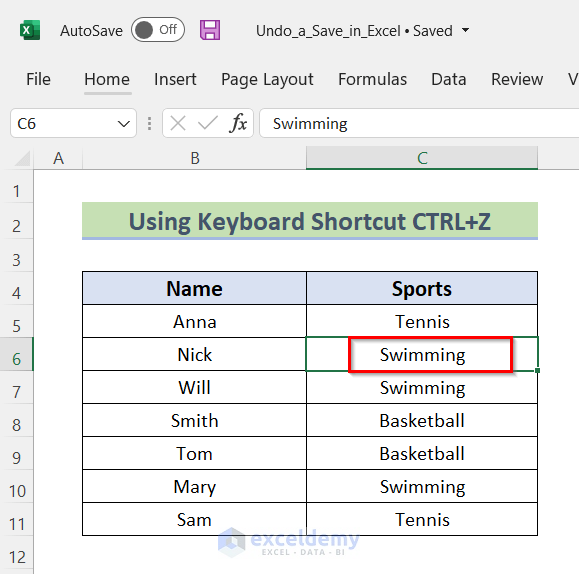Using Keyboard Shortcut Ctrl+Z to undo a save in Excel