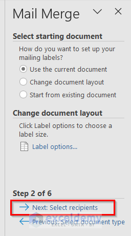 Select recipients to Mail Merge Labels from Excel to Word