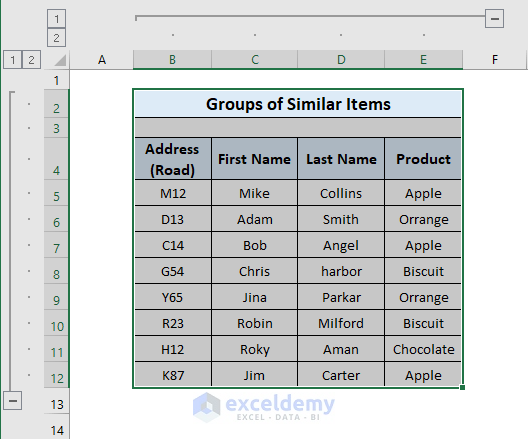 Column and row-wise group for similar items in excel