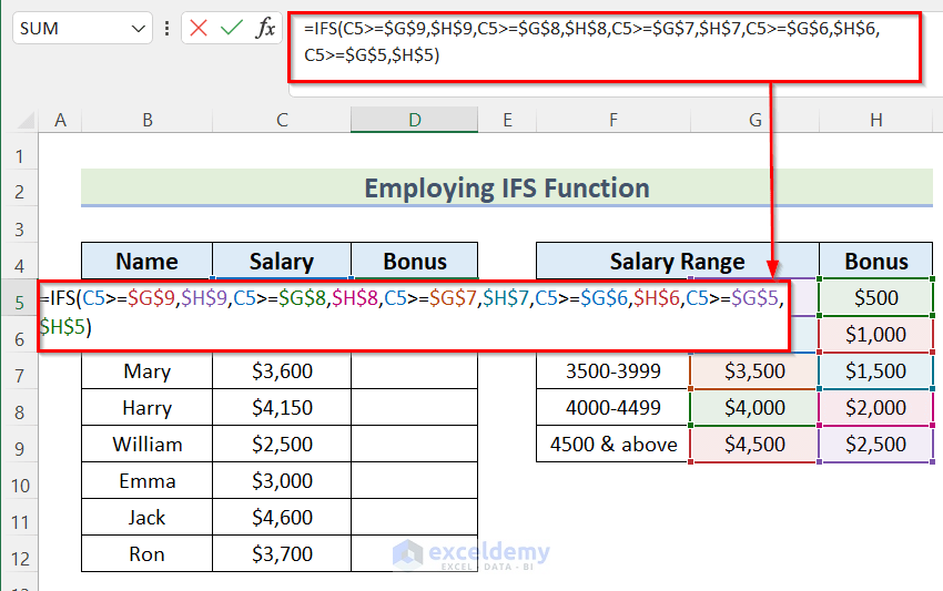Employing IFS Function to Calculate Bonus on Salary in Excel