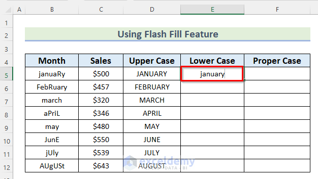 Using Flash Fill Feature to Change Case in Excel