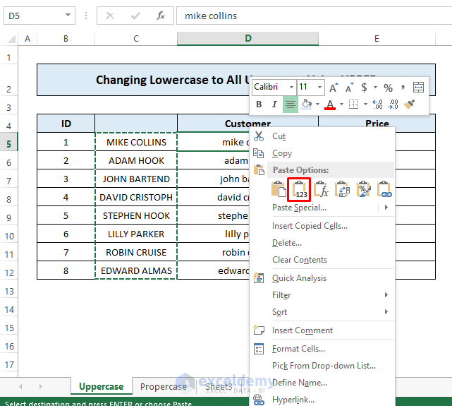 Change text from Lowercase to Uppercase in Excel