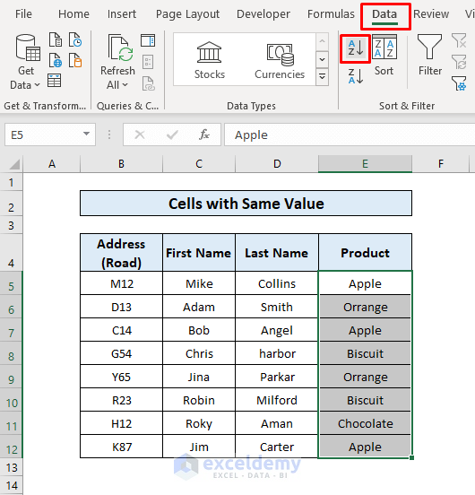 Dataset for Grouping cells with similar items in Excel