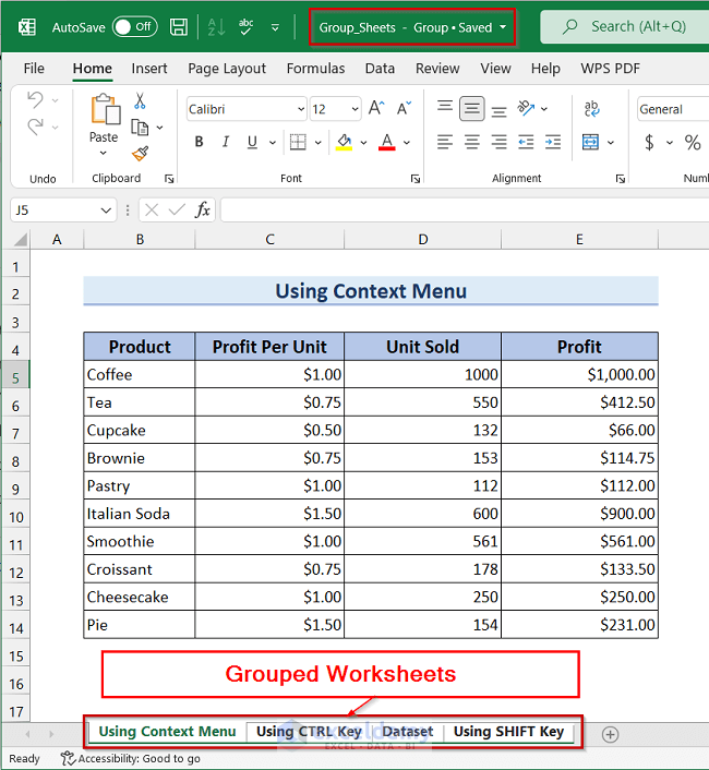 Employing Context Menu Bar to Group All Worksheets