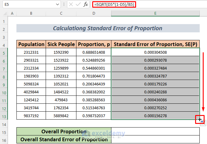 how to calculate standard error of proportion in excel