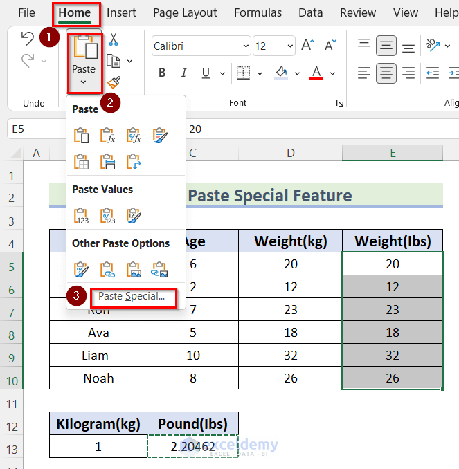 Converting kg to lbs in Excel Using Paste Special Feature