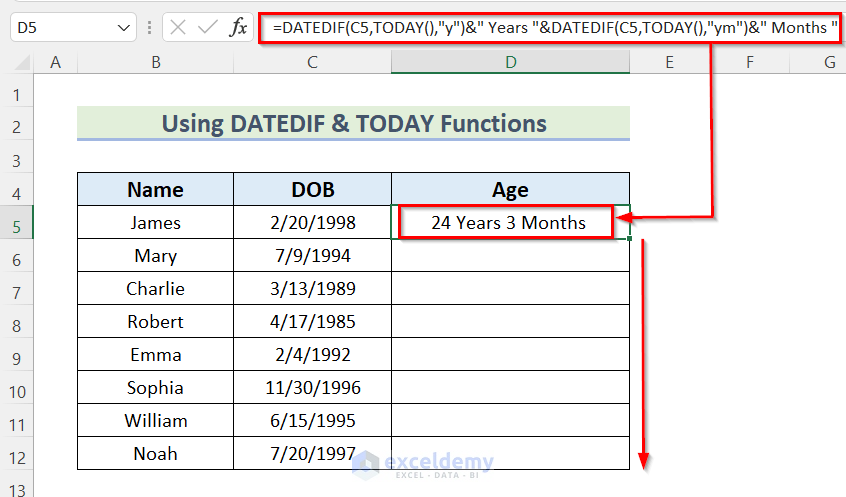 Using DATEDIF and TODAY Functions to Calculate Age in Years and Months