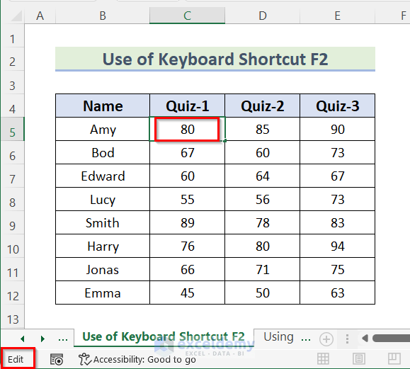 Edit a Cell in Excel without Double Clicking Using Keyboard Shortcut F2