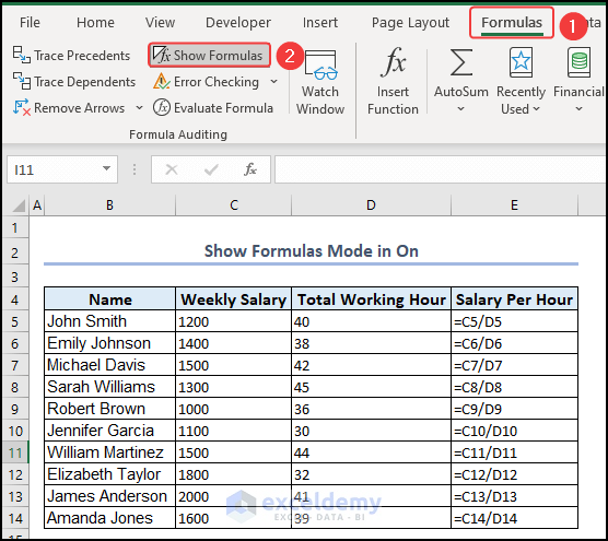 Show Formulas Mode is Turned On therefore formula is not working Excel showing as text
