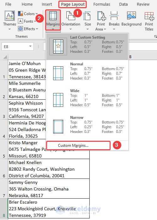 Opening Custom Margins dialog box from the Page Layout ribbon