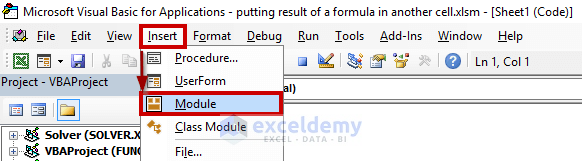 Excel Putting Result of a Formula in Another Cell