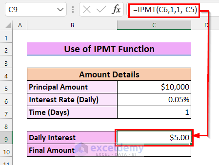 2. Use of IPMT Function to Calculate Daily Simple Interest in Excel
