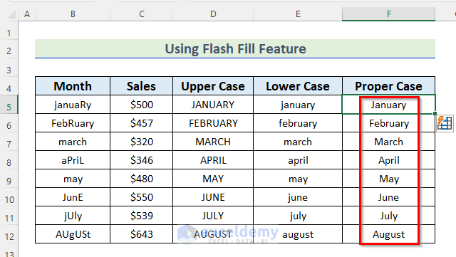 Using Flash Fill Feature to Change Case in Excel