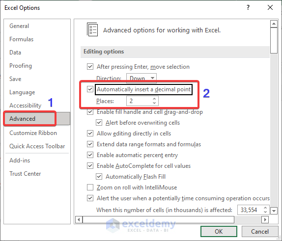 Fix the Number of Decimals from Excel Options