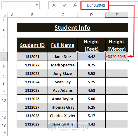 Arithmetic Operations-Convert Feet to Meters in Excel
