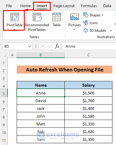 Auto Refresh Pivot Table without VBA When Opening File