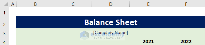 Heading of an Excel Balance Sheet of a Company