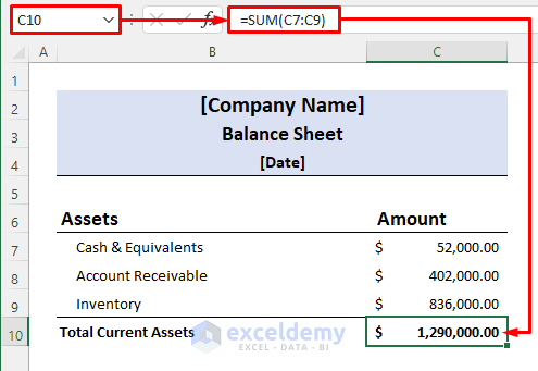 Balance Sheet Format in Excel with Formulas