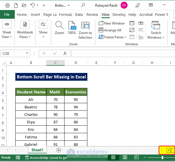 Maximize Excel Window to Resolve Bottom Scroll Bar Missing in Excel