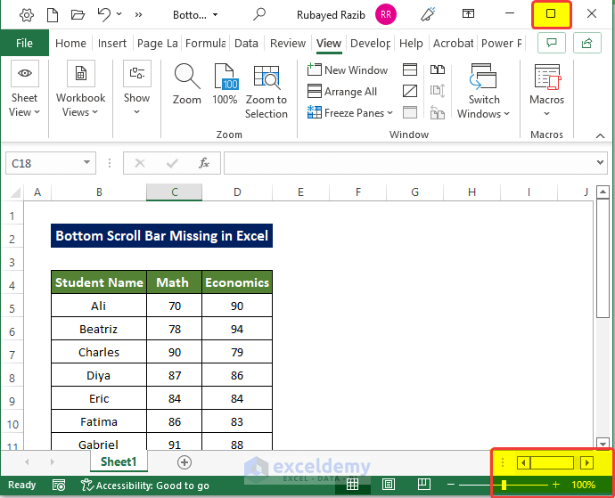 Maximize Excel Window to Resolve Bottom Scroll Bar Missing in Excel