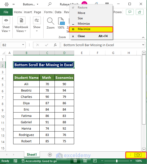 Restore Application Window to Resolve Bottom Scroll Bar Missing in Excel 
