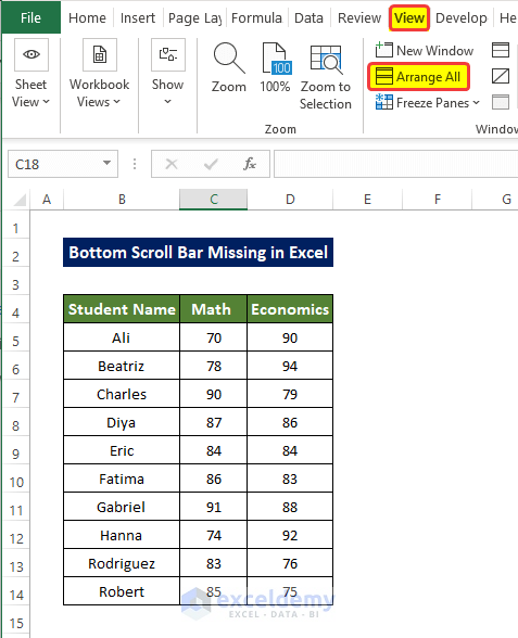 Enable Tiled Option to resolve Bottom Scroll Bar Missing in Excel 