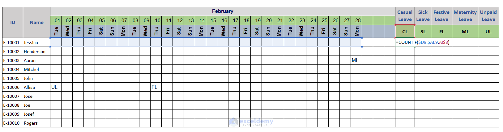 Calculate Monthly Leaves in Excel