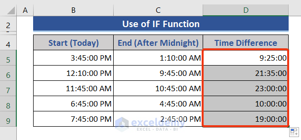 IF Function calculate hours between two times in Excel