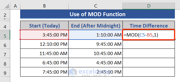 Excel MOD Function to calculate hours