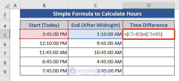 Simple Formula with Condition to Calculate Hours between Two Times after Midnight