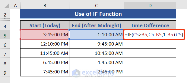 IF Function calculate hours between two times in Excel