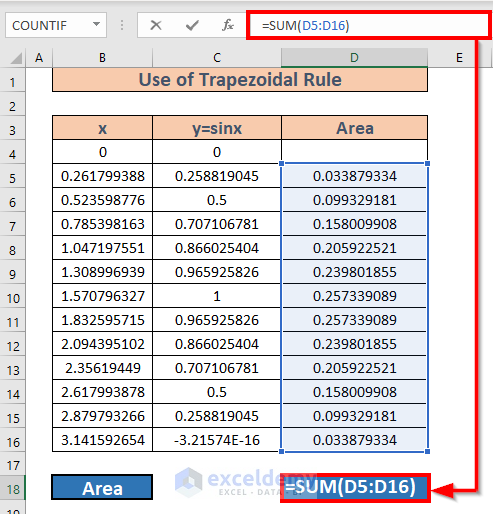 how to calculate peak area in excel