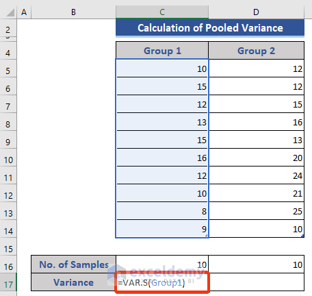 Calculate Variance from Sample in Excel