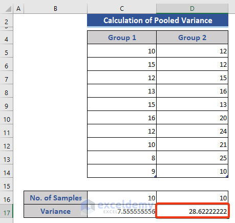 Calculate Variance from Sample in Excel