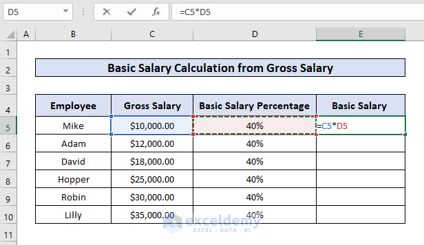 Calculation of Basic Salary in Excel